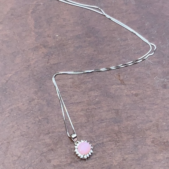 PINK OPAL & CZ 925 STERLING SILVER NECKLACE, 18 INCHES - Picture 7 of 7